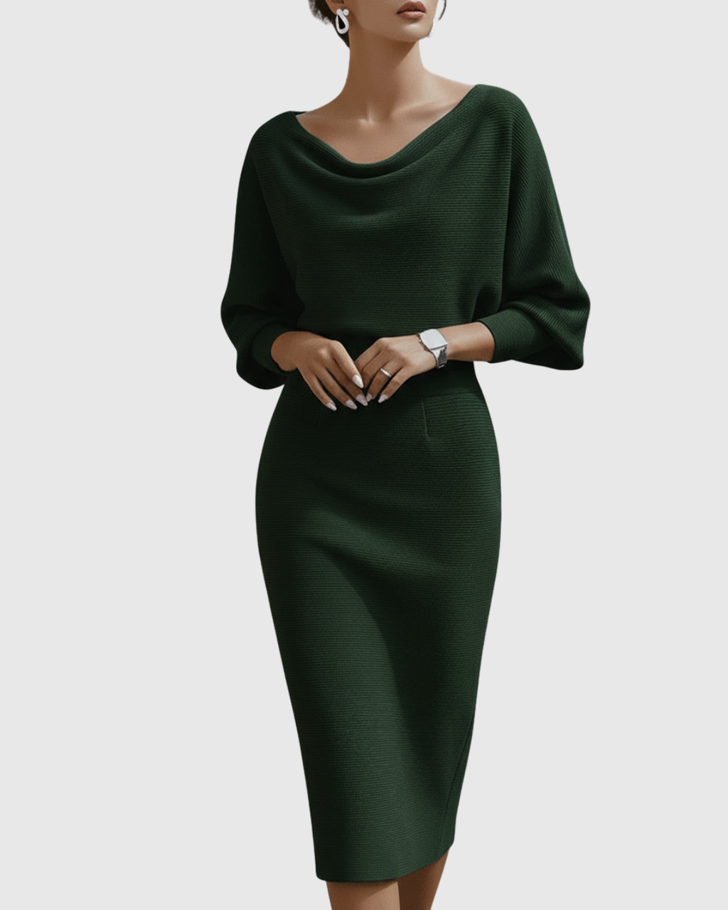 Vivienne | Women’s Cowl Neck Dolman Sleeve Knit Sheath Midi Dress