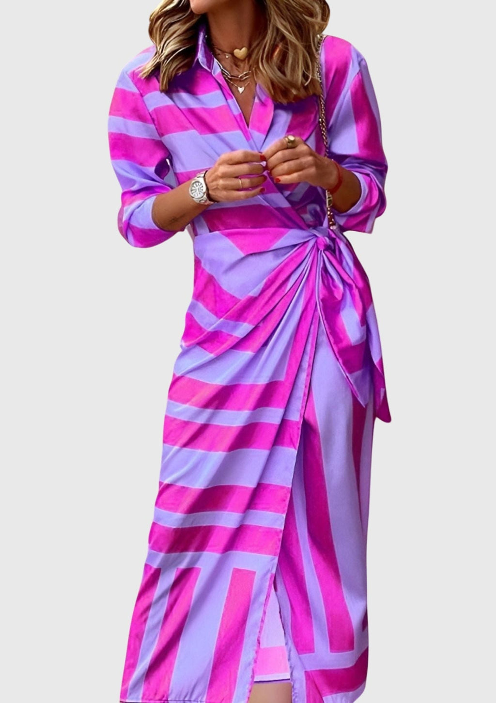Seraphina | Women’s Geometric Print Collared Tie-Wrap Midi Dress