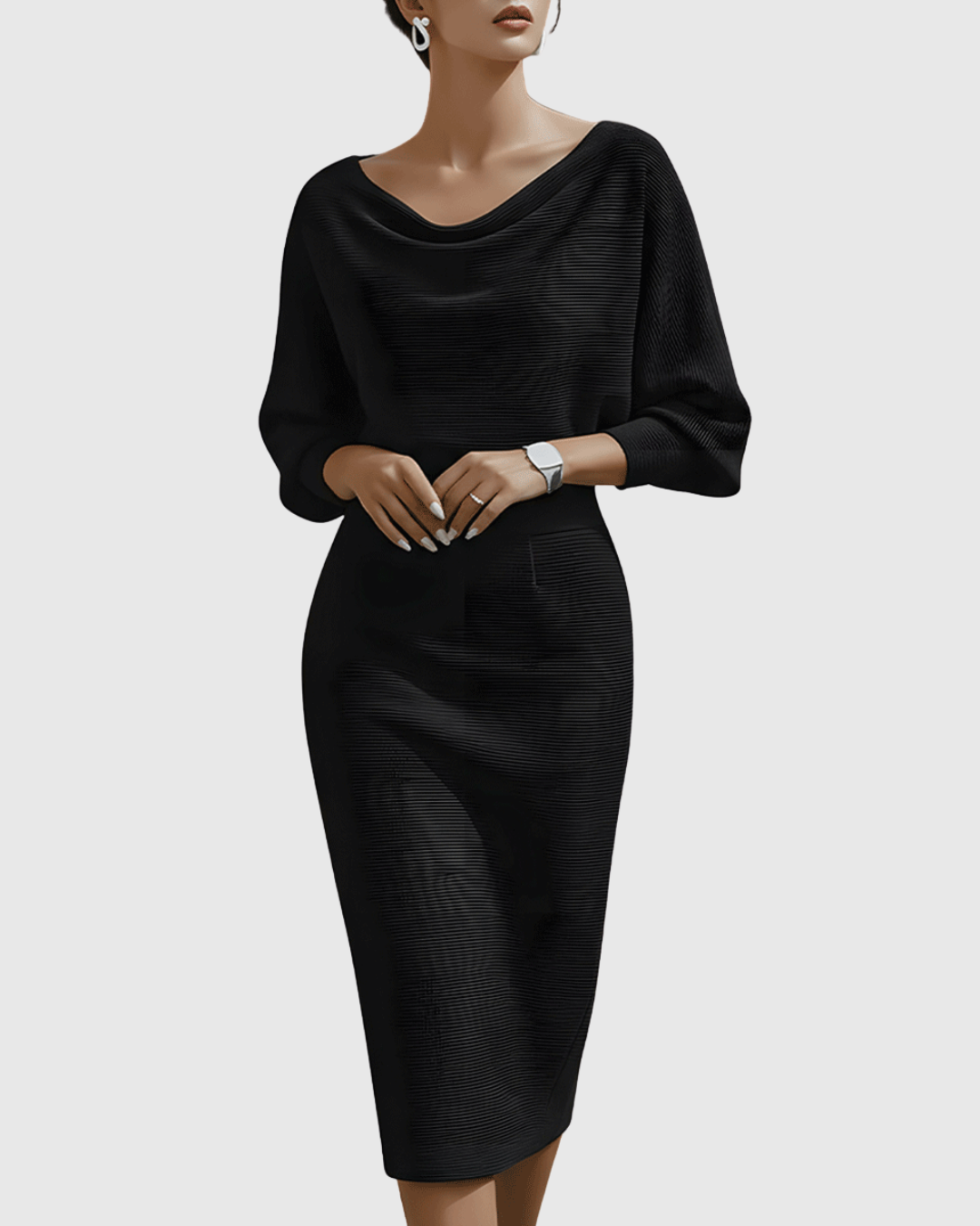 Vivienne | Women’s Cowl Neck Dolman Sleeve Knit Sheath Midi Dress