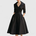 Eleanor | Women’s Shawl Collar Satin Pleated Pocket Midi Dress