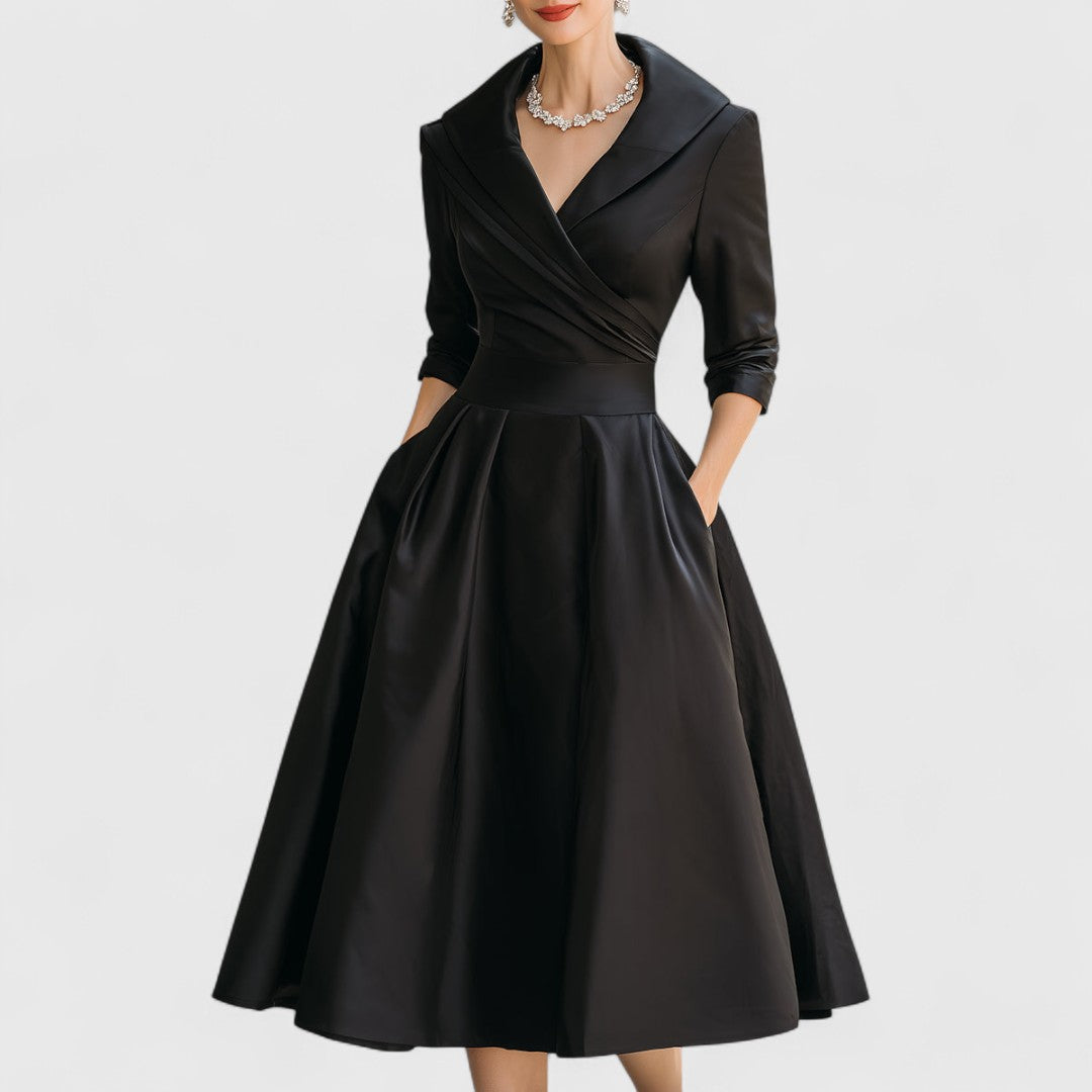 Eleanor | Women’s Shawl Collar Satin Pleated Pocket Midi Dress