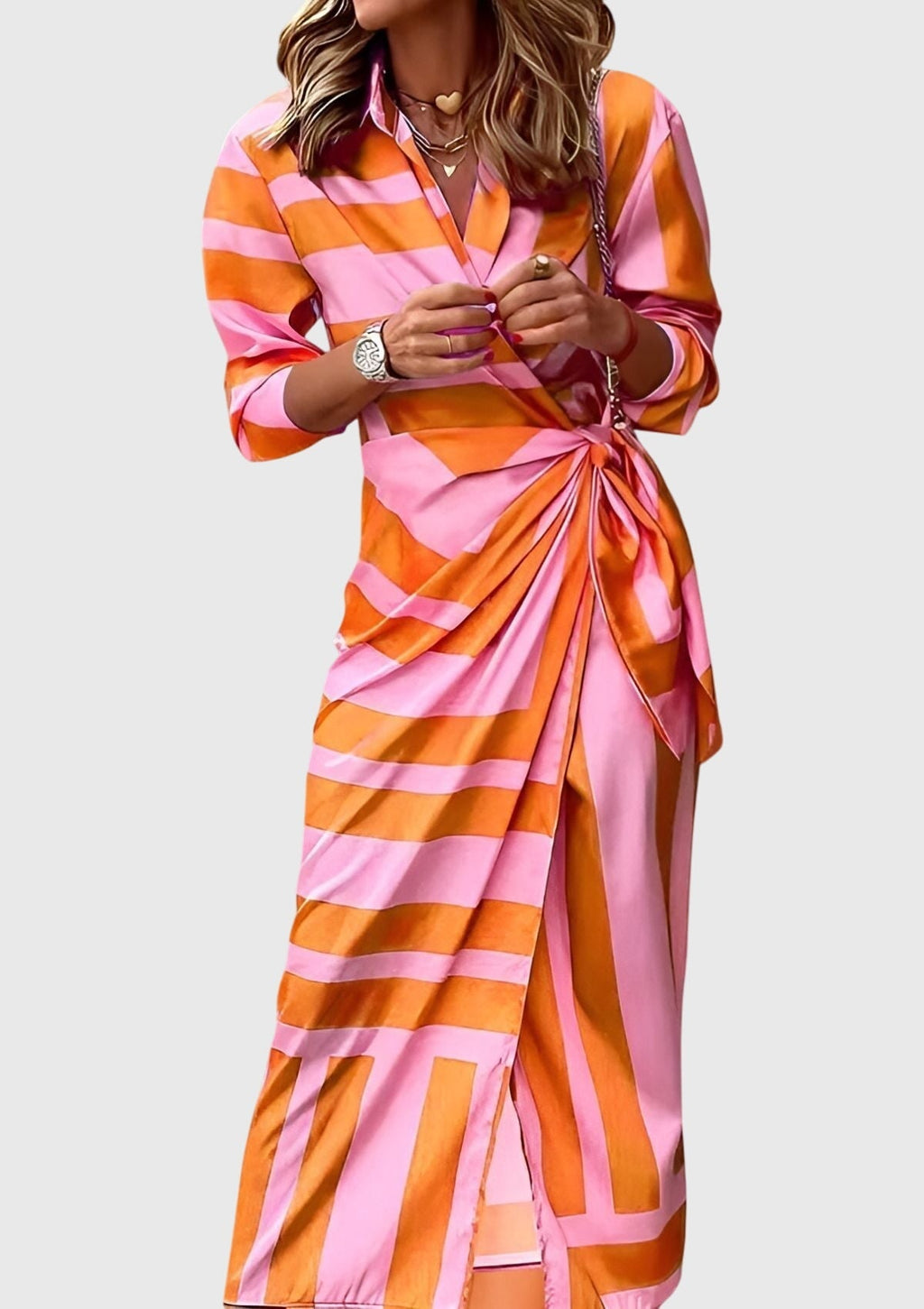 Seraphina | Women’s Geometric Print Collared Tie-Wrap Midi Dress