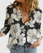 Fiona | Women’s Monochrome Floral Print Notched V-Neck Blouse