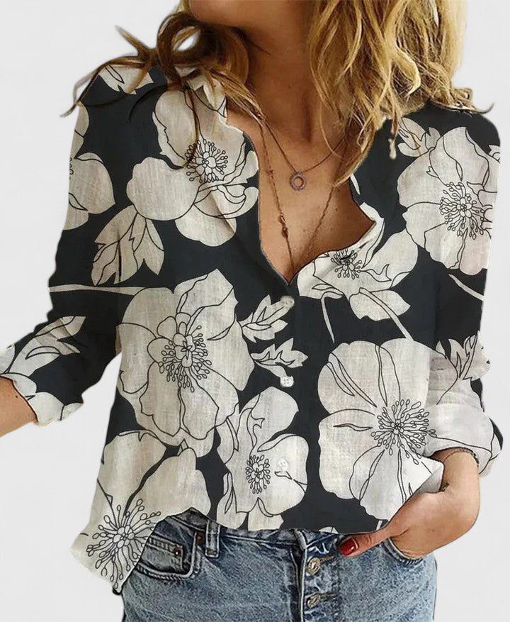 Fiona | Women’s Monochrome Floral Print Notched V-Neck Blouse