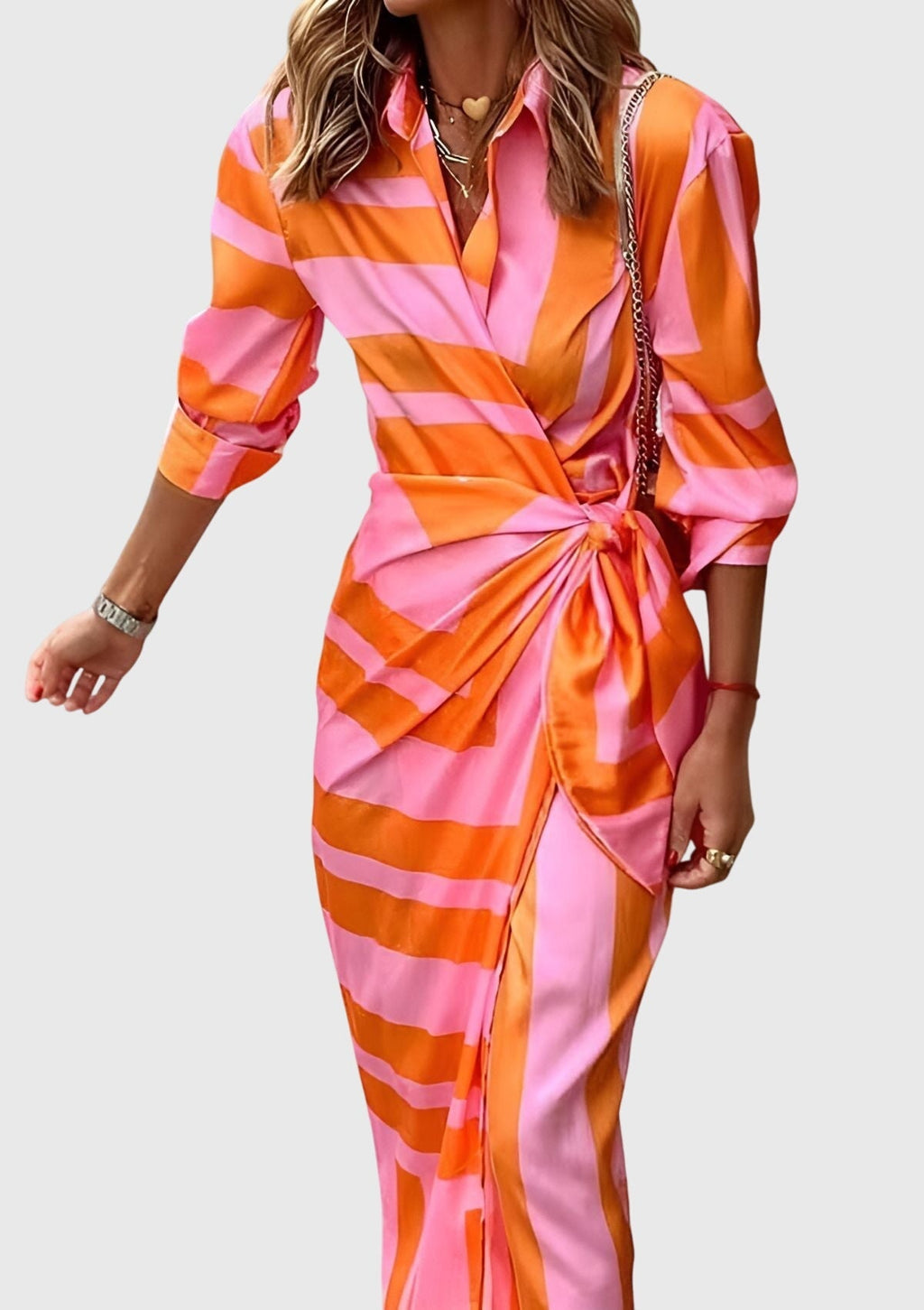 Seraphina | Women’s Geometric Print Collared Tie-Wrap Midi Dress