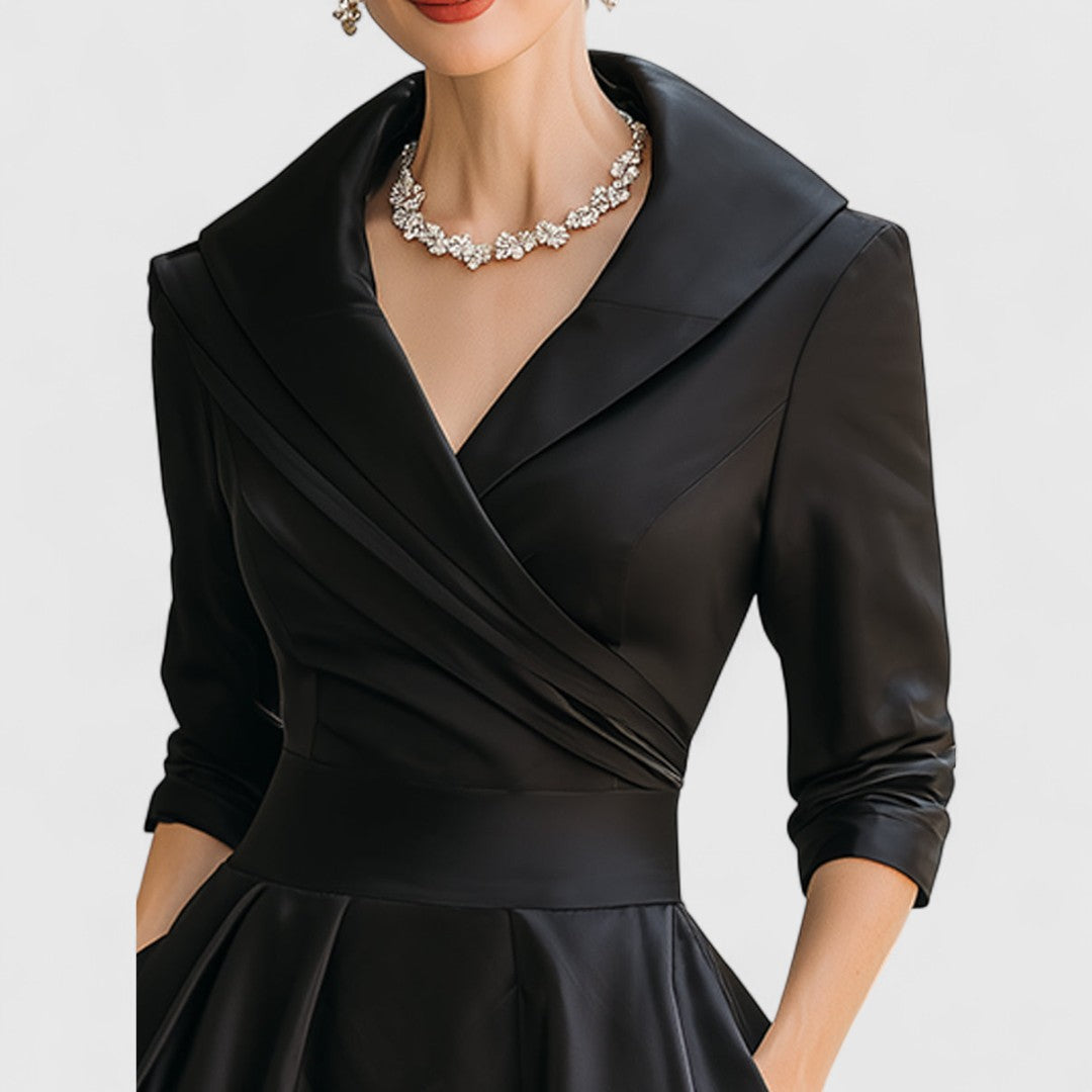 Eleanor | Women’s Shawl Collar Satin Pleated Pocket Midi Dress