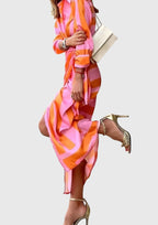 Seraphina | Women’s Geometric Print Collared Tie-Wrap Midi Dress