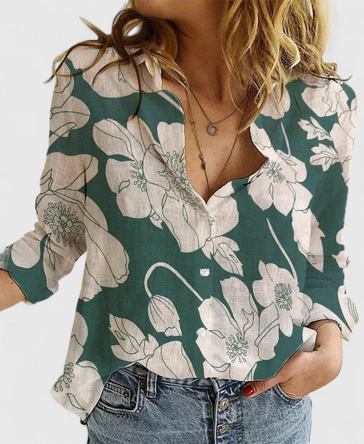 Fiona | Women’s Monochrome Floral Print Notched V-Neck Blouse