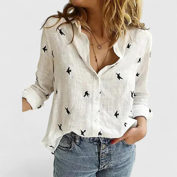 Fiona | Women’s Monochrome Floral Print Notched V-Neck Blouse