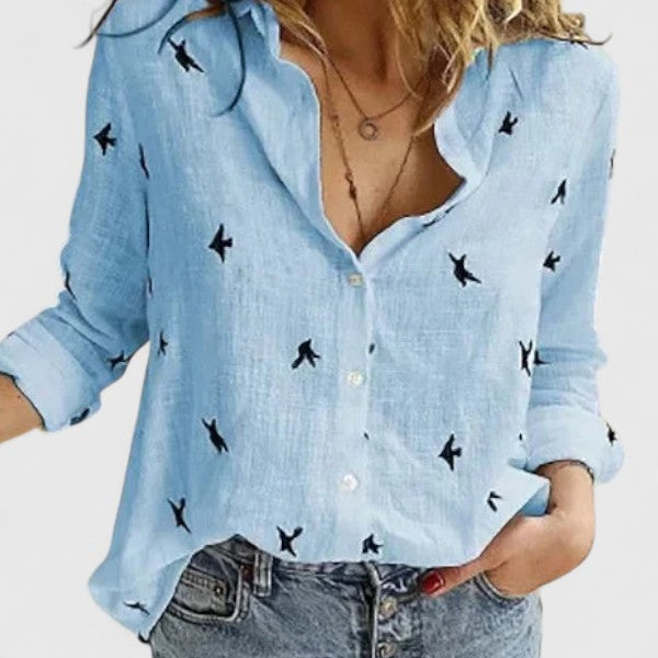Fiona | Women’s Monochrome Floral Print Notched V-Neck Blouse