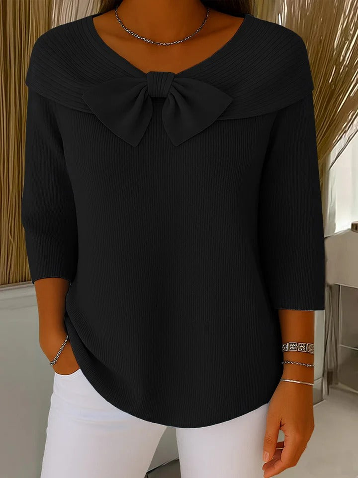Clara | Women’s Bow Front Portrait Collar 3/4 Sleeve Knit Blouse