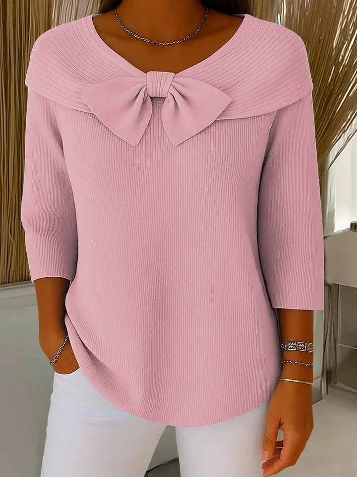 Clara | Women’s Bow Front Portrait Collar 3/4 Sleeve Knit Blouse