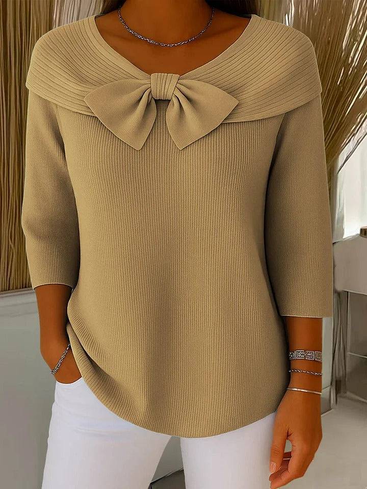 Clara | Women’s Bow Front Portrait Collar 3/4 Sleeve Knit Blouse