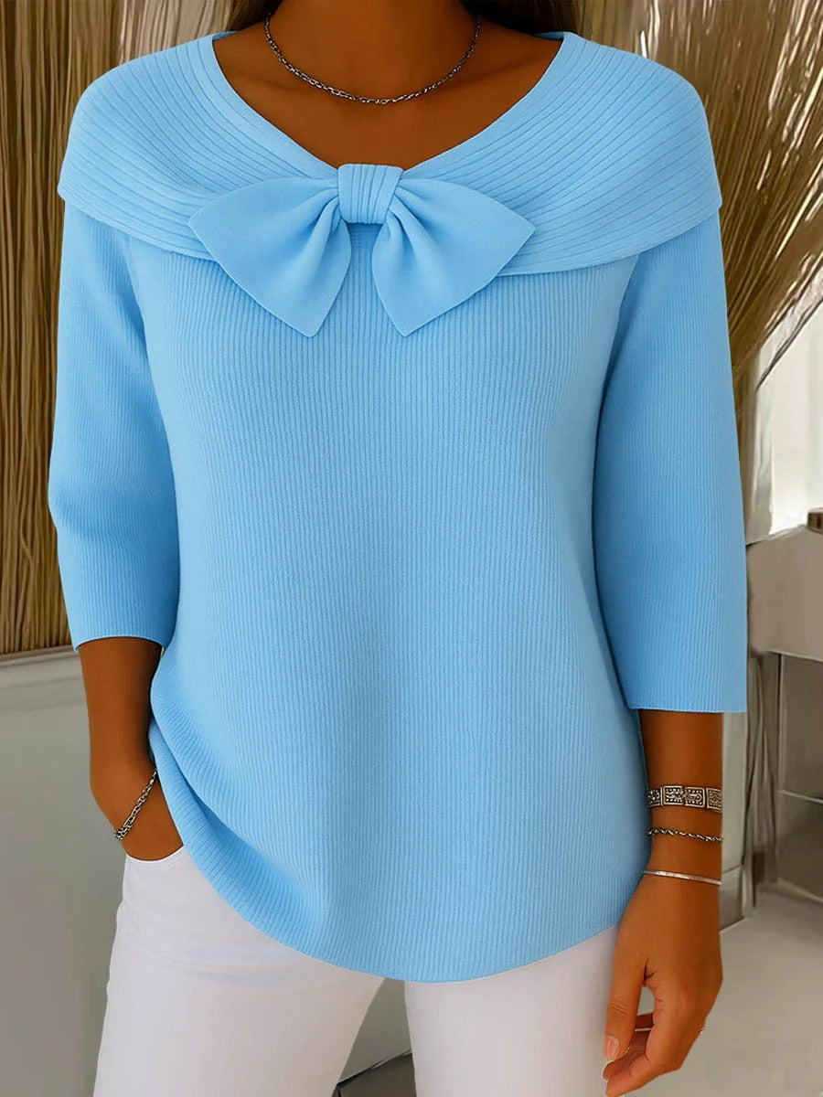 Clara | Women’s Bow Front Portrait Collar 3/4 Sleeve Knit Blouse