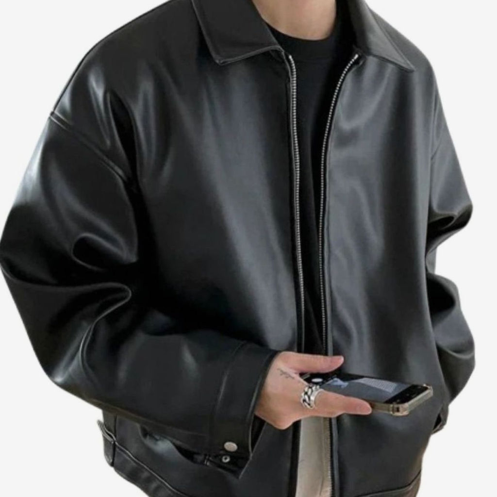 Damon | Men’s Minimalist Point-Collar Faux-Leather Zip Jacket