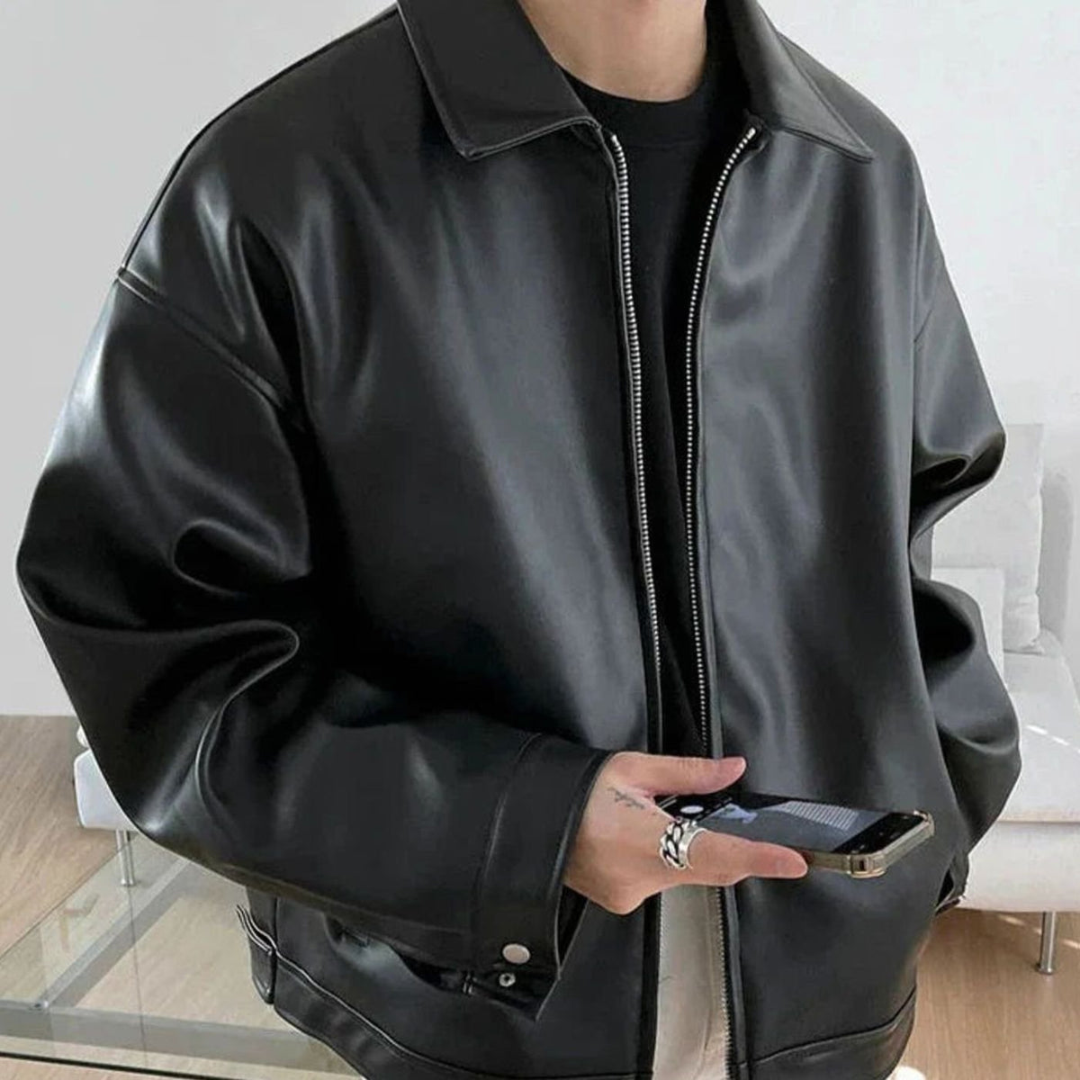 Damon | Men’s Minimalist Point-Collar Faux-Leather Zip Jacket
