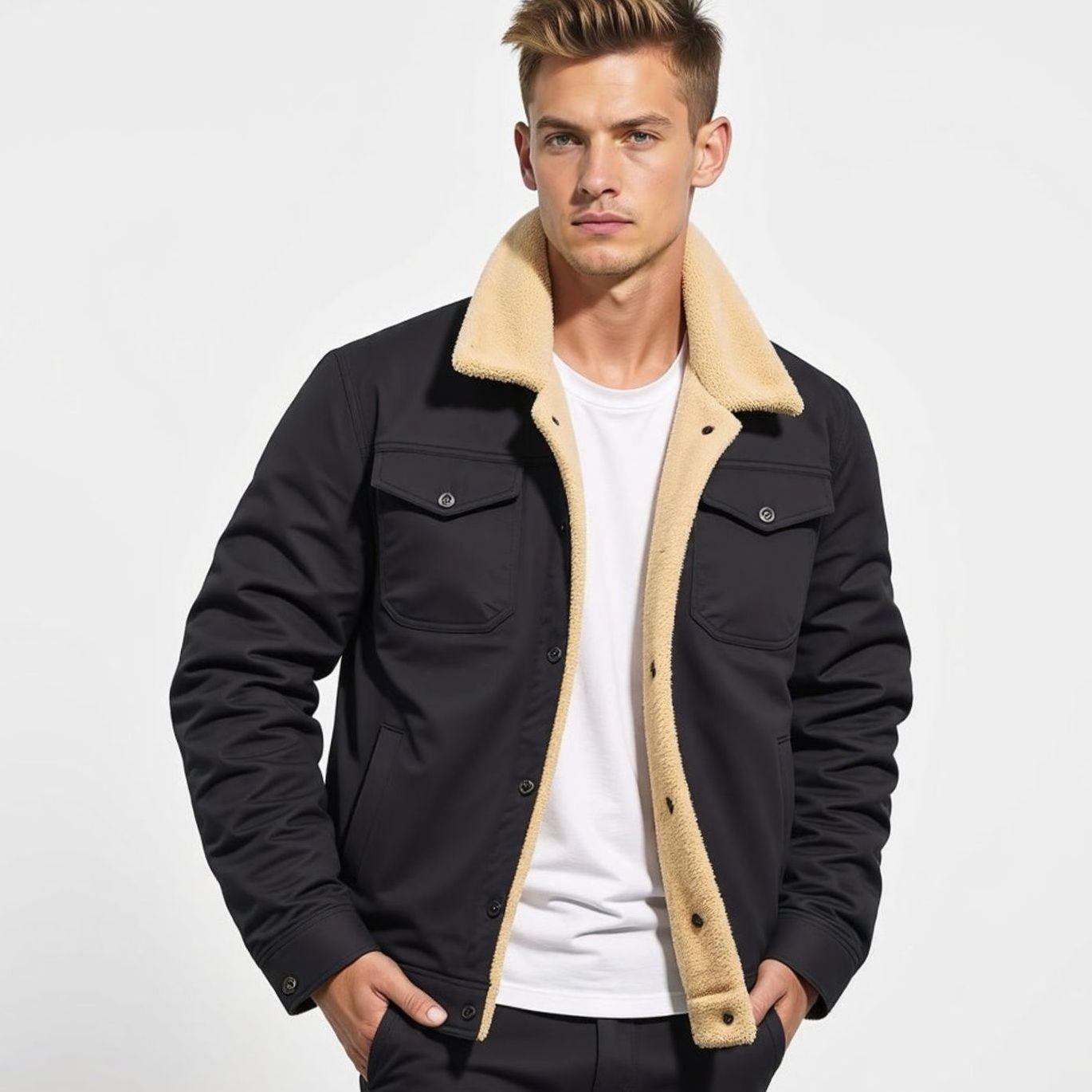 Ethan | Men’s Sherpa-Lined Canvas Trucker Jacket with Fleece Collar