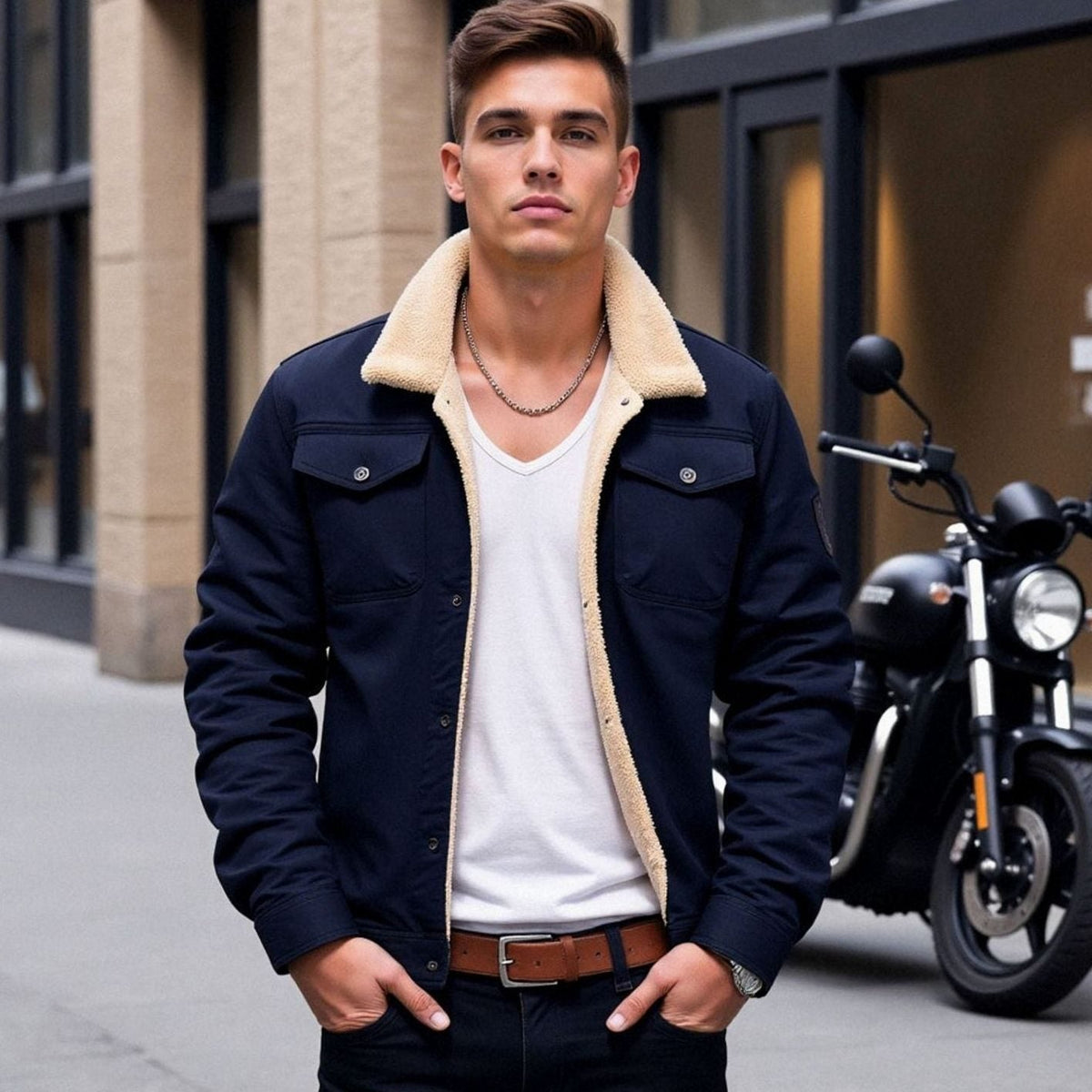 Ethan | Men’s Sherpa-Lined Canvas Trucker Jacket with Fleece Collar