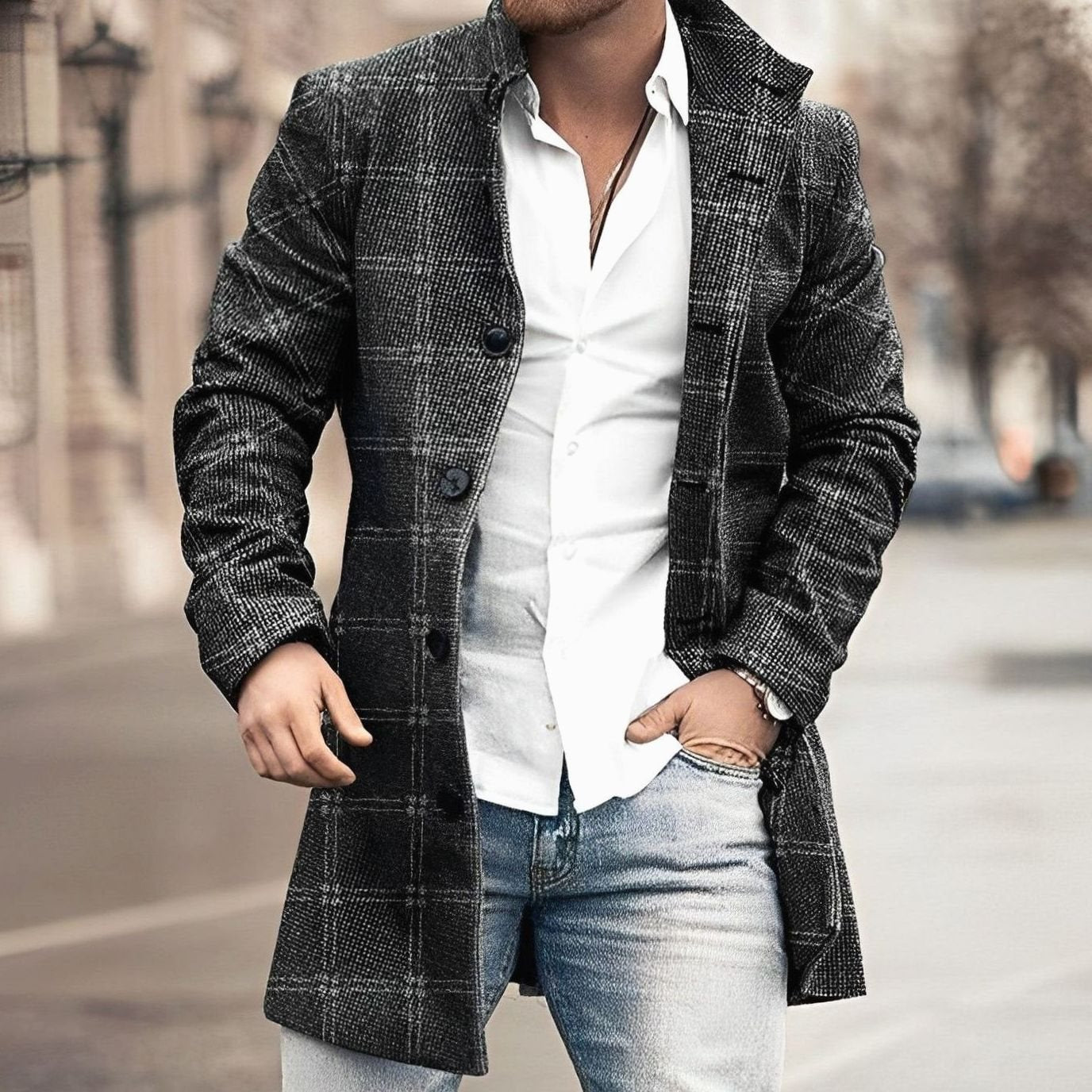 Vance | Men’s Stand-Collar Textured Tweed Single-Breasted Overcoat