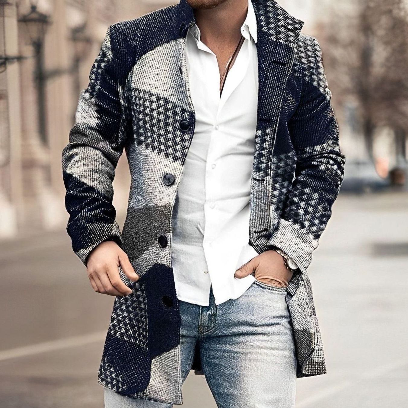 Vance | Men’s Stand-Collar Textured Tweed Single-Breasted Overcoat