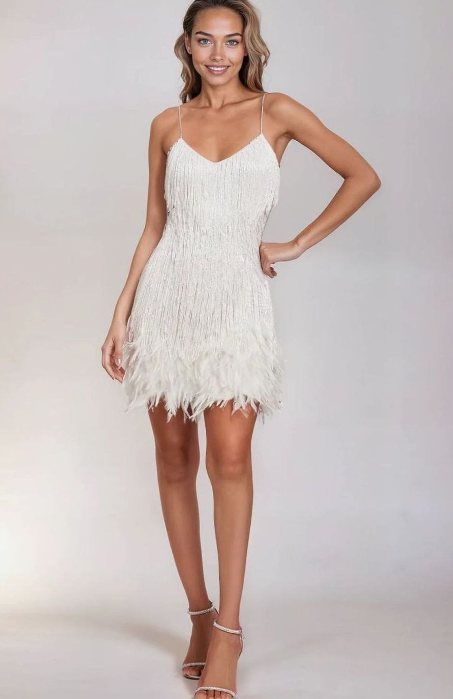 Colette | Women’s Fringe-Feather Cami V-Neck Party Mini Dress