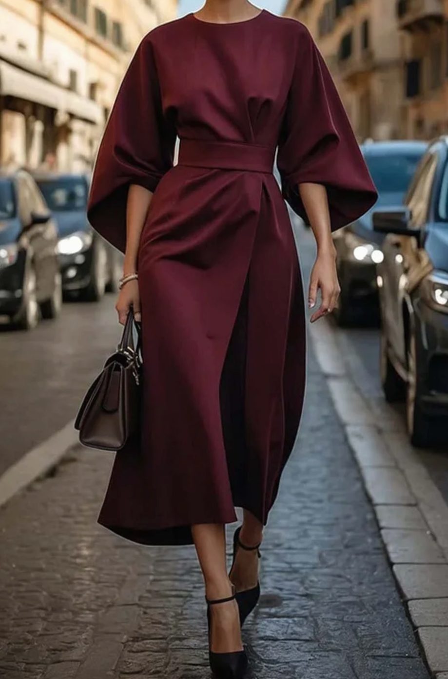 Seraphina | Women’s Wide Sleeve Cinched Draped Midi Dress