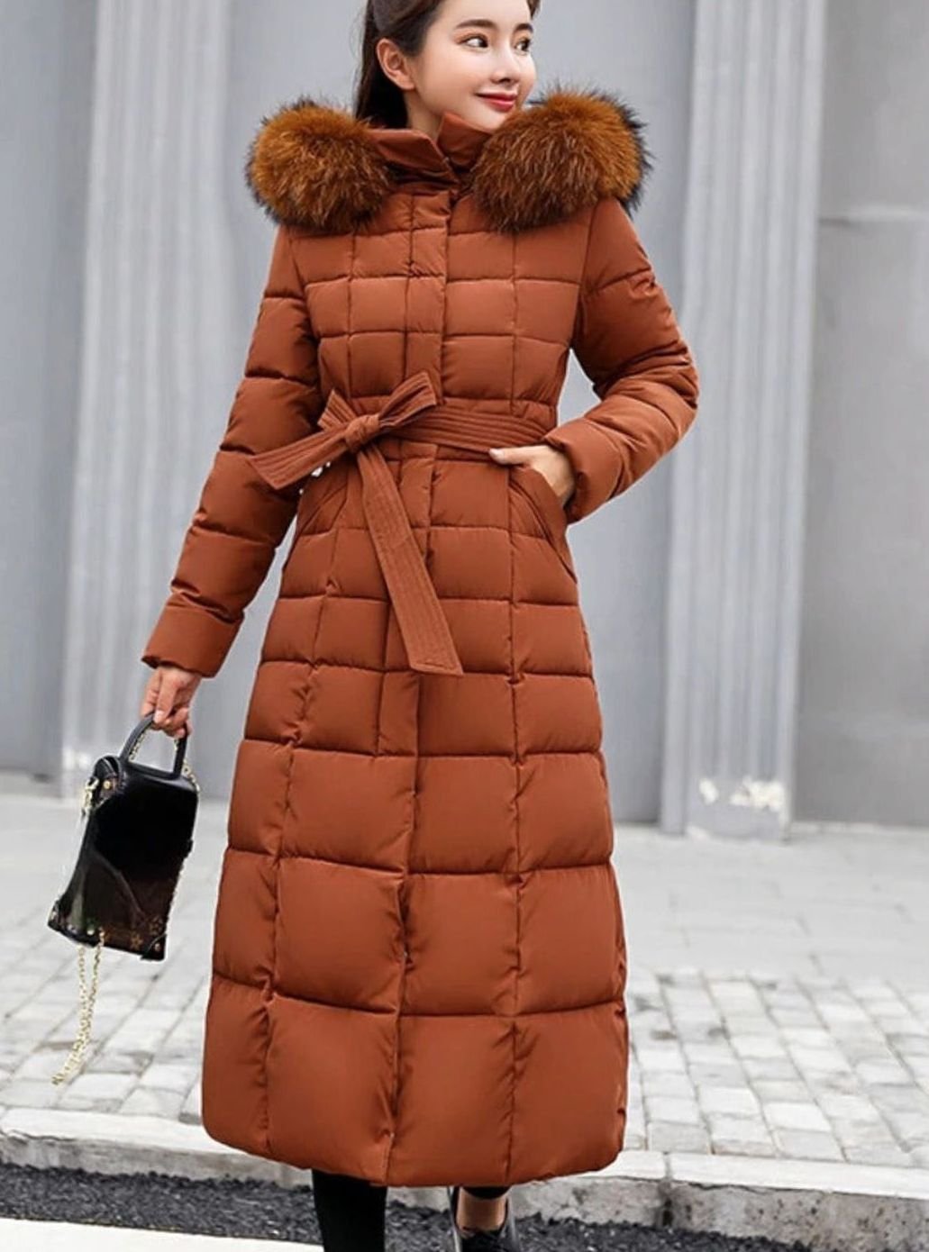 Colette | Women’s Faux-Fur Hooded Belted Maxi Grid-Quilted Puffer Coat
