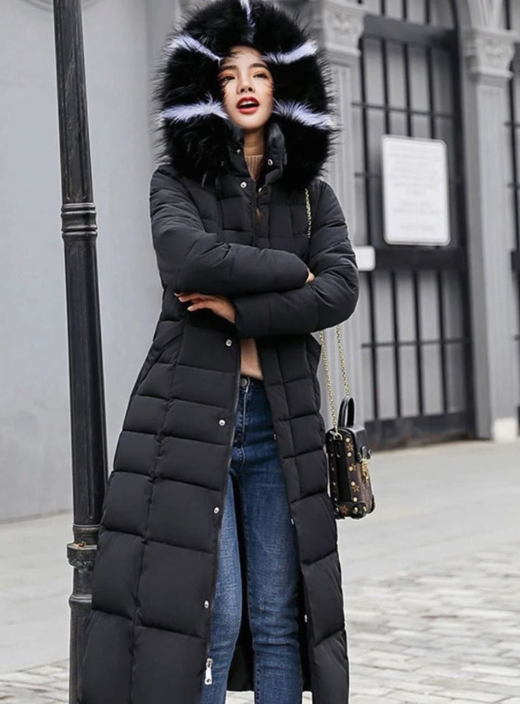 Colette | Women’s Faux-Fur Hooded Belted Maxi Grid-Quilted Puffer Coat