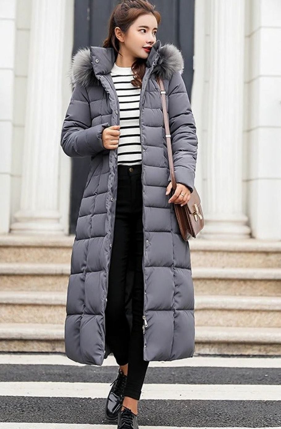 Colette | Women’s Faux-Fur Hooded Belted Maxi Grid-Quilted Puffer Coat