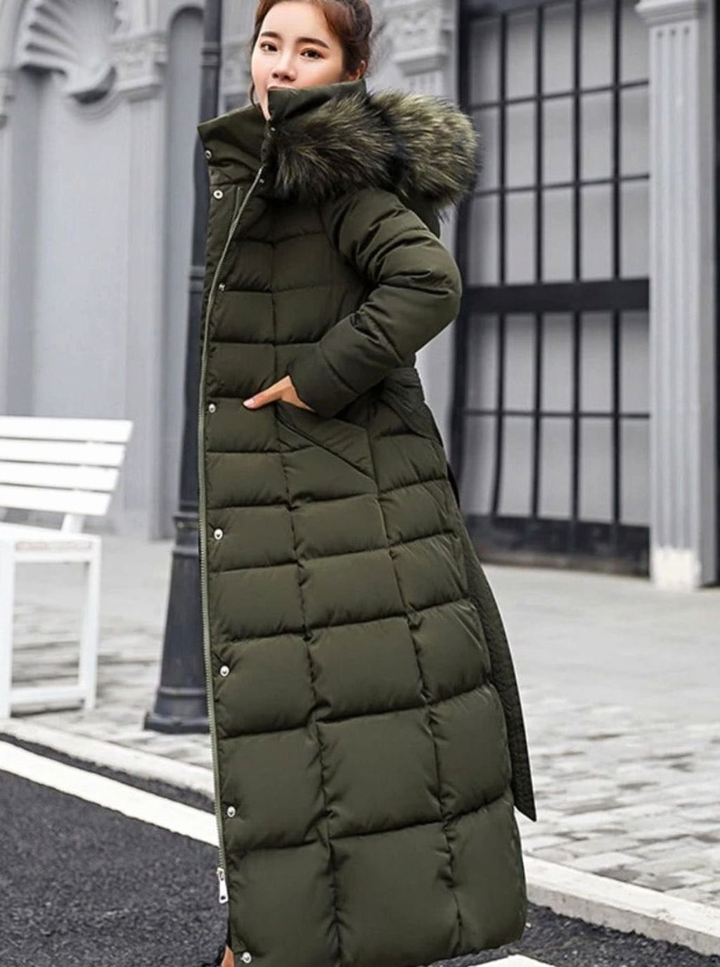 Colette | Women’s Faux-Fur Hooded Belted Maxi Grid-Quilted Puffer Coat