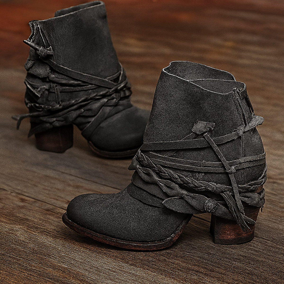 Kora | Women’s Distressed Leather Braided-Wrap Ankle Booties