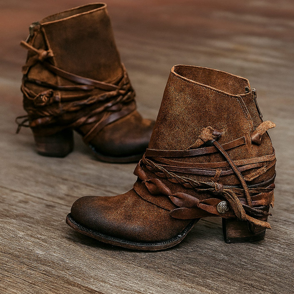 Kora | Women’s Distressed Leather Braided-Wrap Ankle Booties