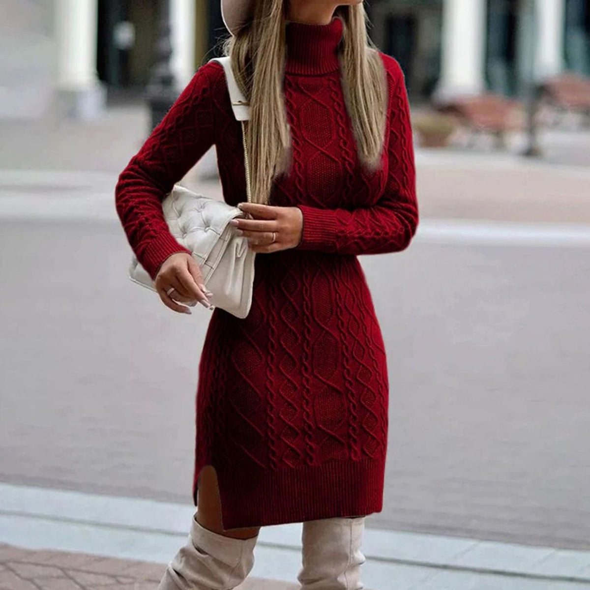 Rosalie | Women’s Cable-Knit Turtleneck Side-Slit Sweater Dress