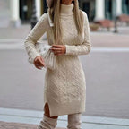 Rosalie | Women’s Cable-Knit Turtleneck Side-Slit Sweater Dress