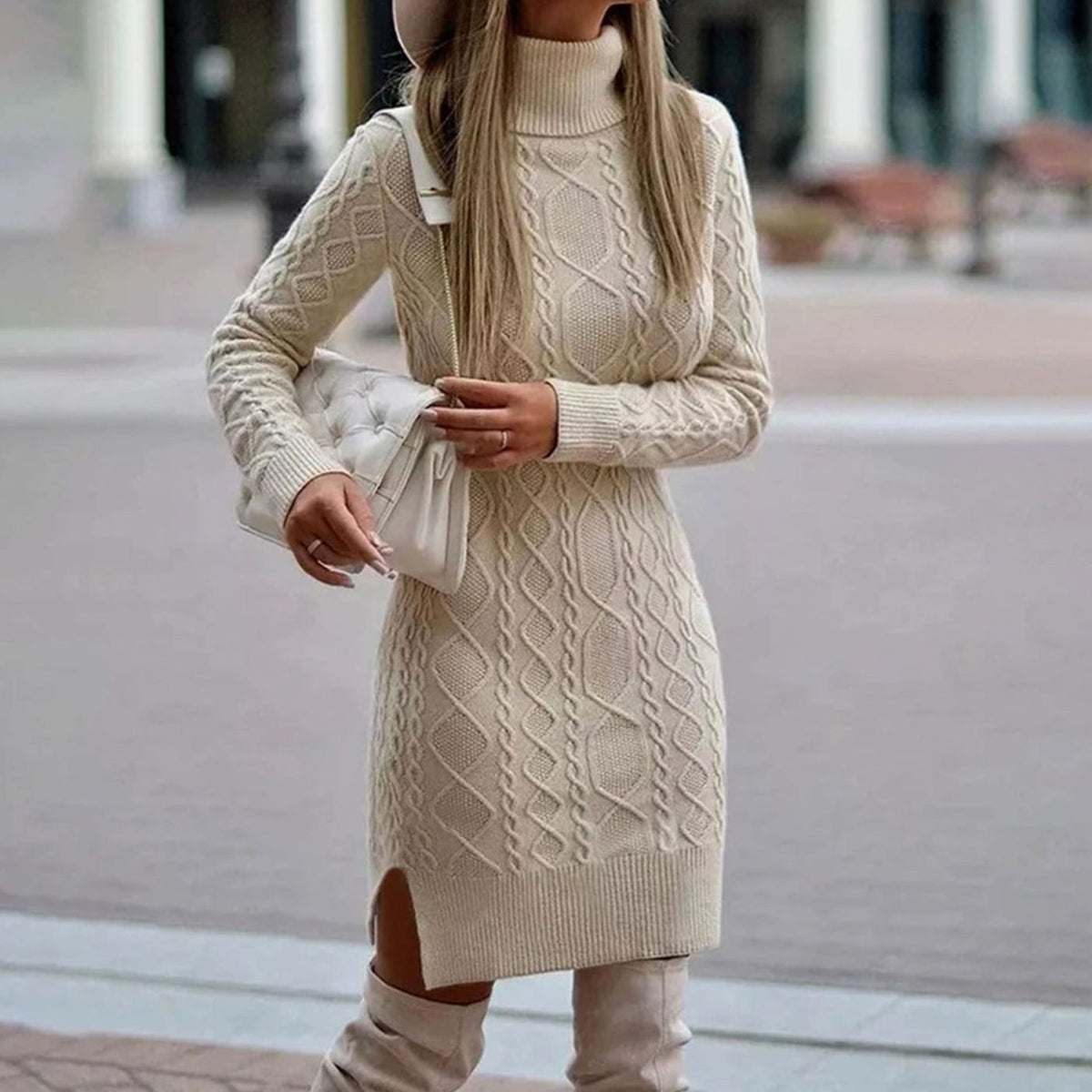 Rosalie | Women’s Cable-Knit Turtleneck Side-Slit Sweater Dress