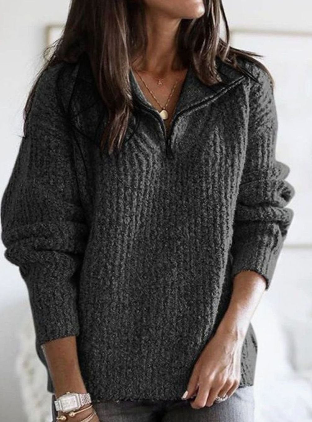 Hazel | Women’s Quarter-Zip Chunky Ribbed Knit Pullover Sweater
