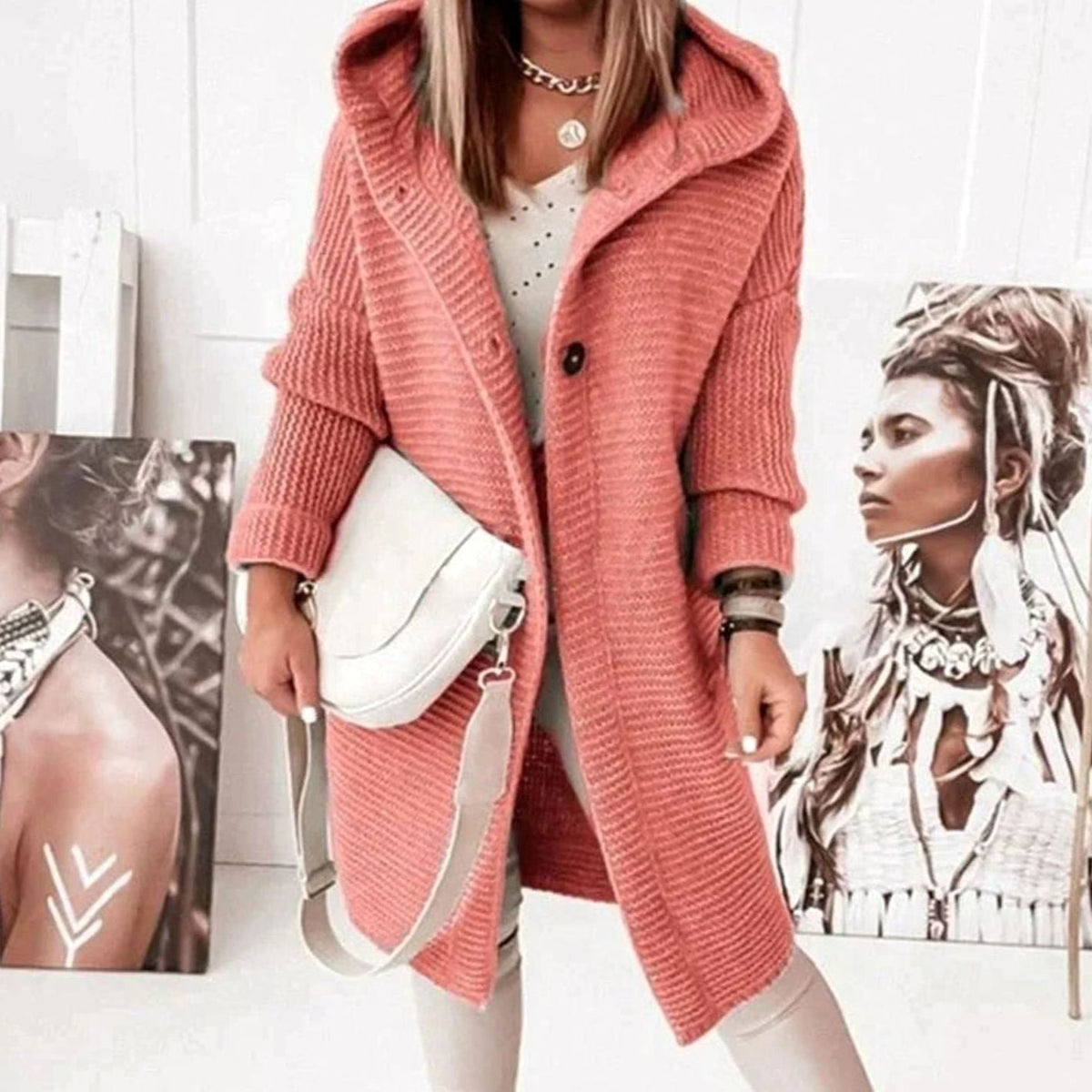 Nora | Women’s Hooded Button-Front Chunky Knit Longline Cardigan