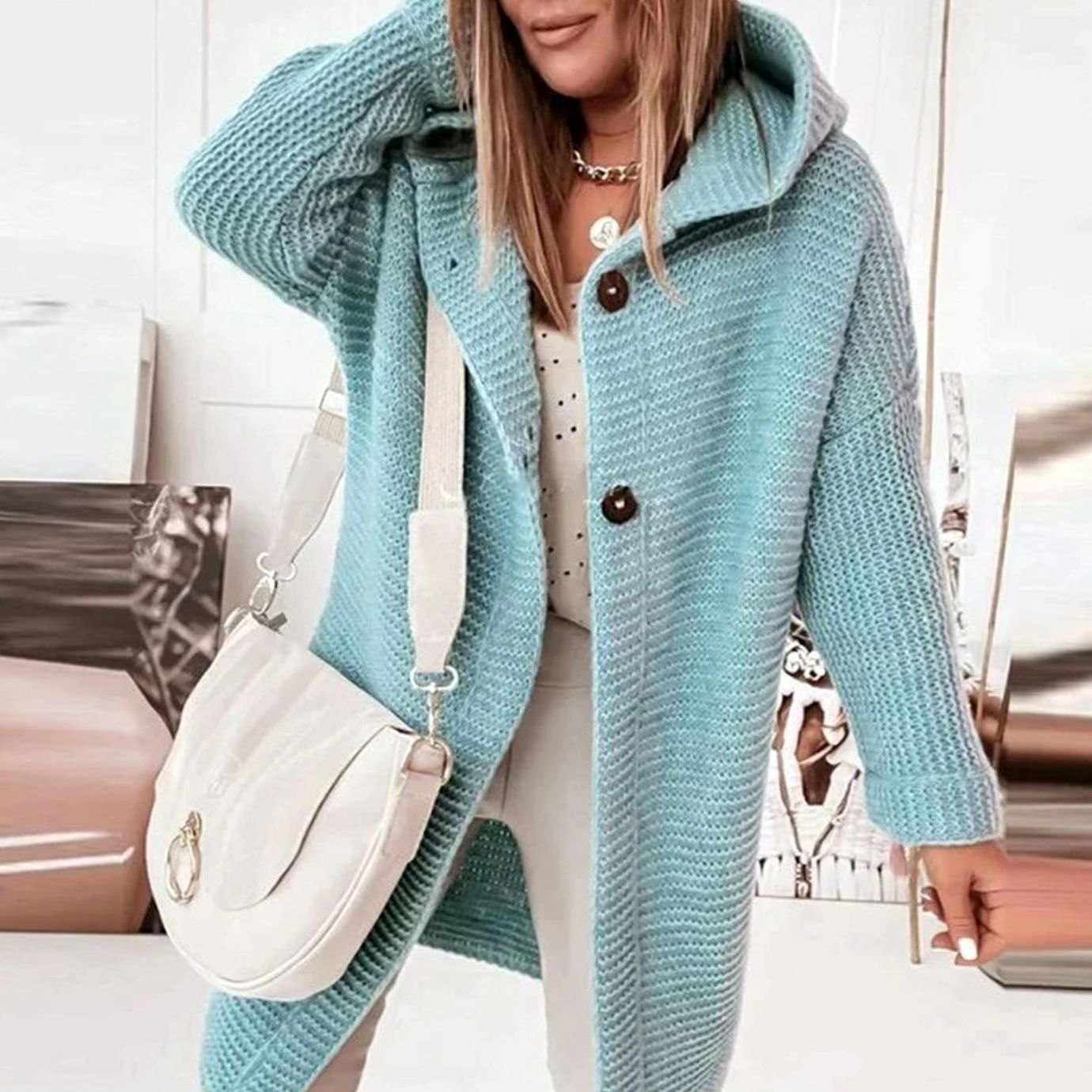 Nora | Women’s Hooded Button-Front Chunky Knit Longline Cardigan