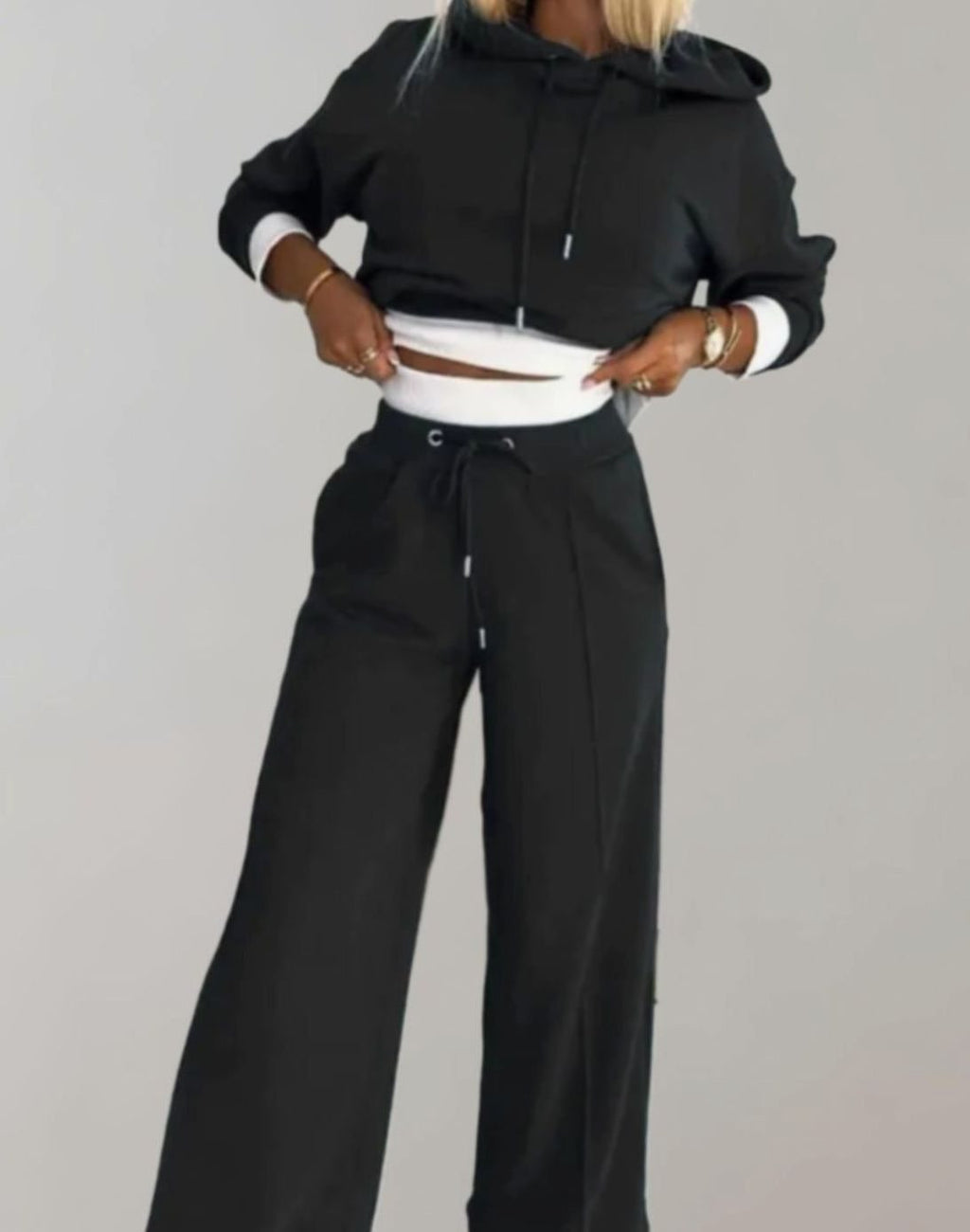 Luna | Women’s Layered-Look Cropped Hoodie & Wide-Leg Sweatsuit Set