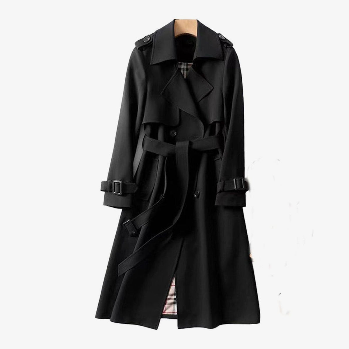 Genevieve | Women’s Double-Breasted Plaid-Lined Long Trench Coat
