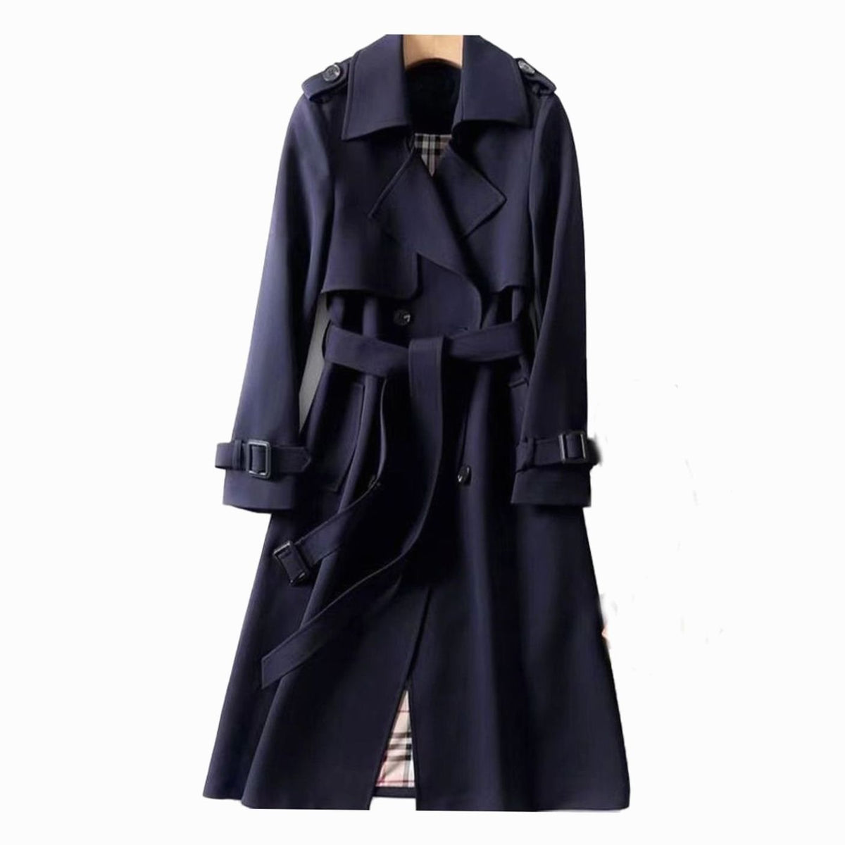 Genevieve | Women’s Double-Breasted Plaid-Lined Long Trench Coat