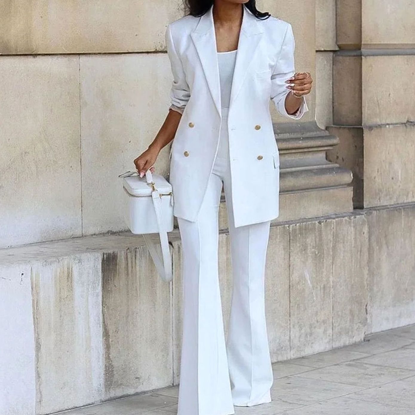 Sienna | Women’s Double-Breasted Gold-Button Blazer & Flared Pantsuit Set