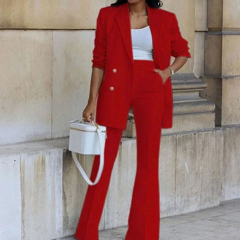 Sienna | Women’s Double-Breasted Gold-Button Blazer & Flared Pantsuit Set