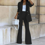 Sienna | Women’s Double-Breasted Gold-Button Blazer & Flared Pantsuit Set