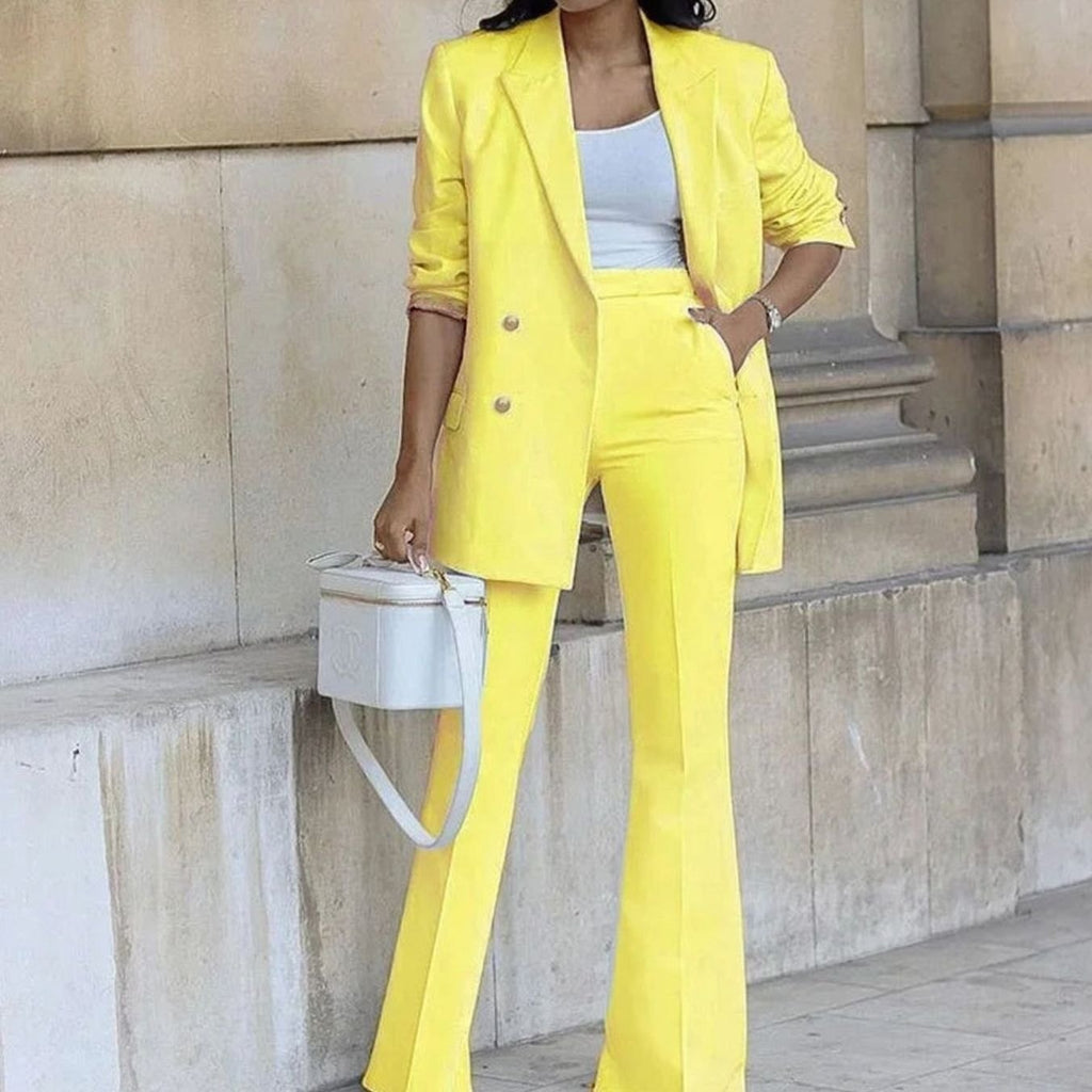 Sienna | Women’s Double-Breasted Gold-Button Blazer & Flared Pantsuit Set