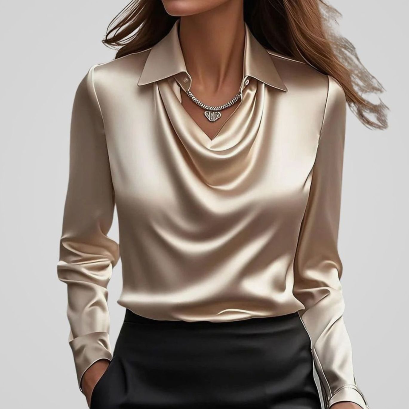 Adele | Women’s Collared Cowl Neck Satin Long Sleeve Blouse