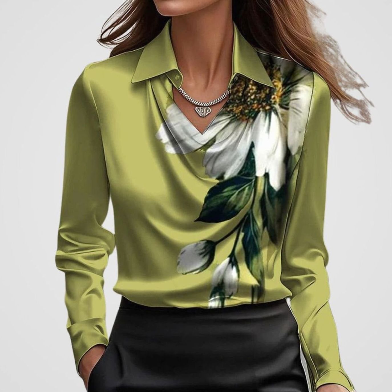 Adele | Women’s Collared Cowl Neck Satin Long Sleeve Blouse