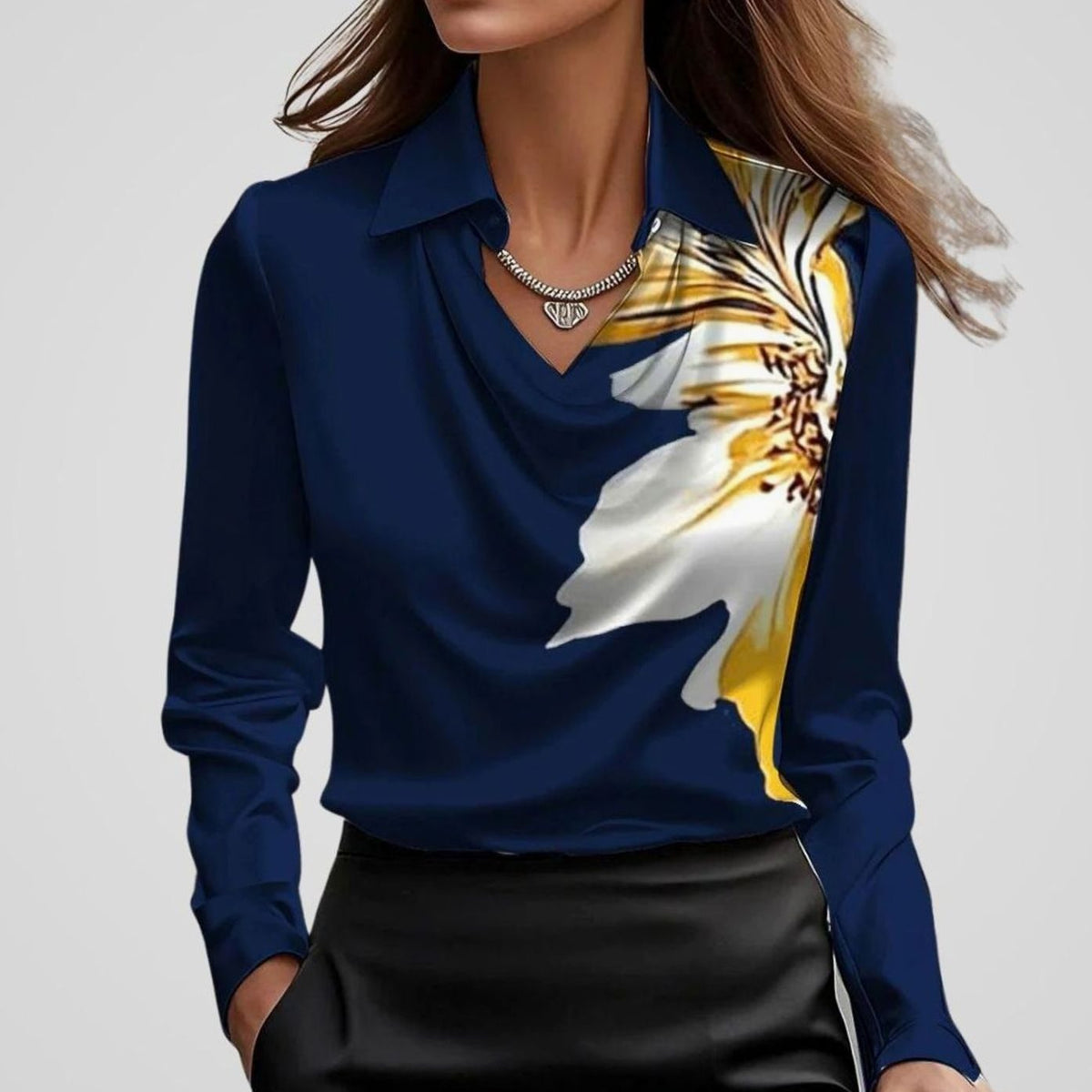 Adele | Women’s Collared Cowl Neck Satin Long Sleeve Blouse