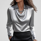 Adele | Women’s Collared Cowl Neck Satin Long Sleeve Blouse