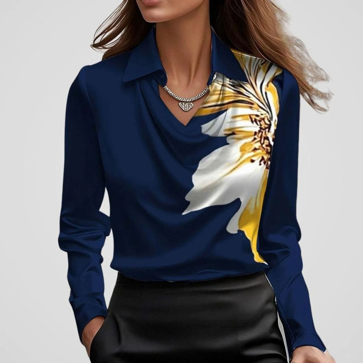 Adele | Women’s Collared Cowl Neck Satin Long Sleeve Blouse